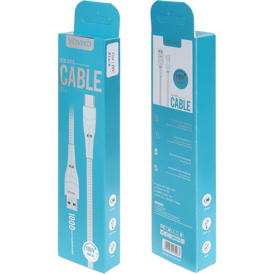 کابل شارژ فست VOVIXO Type-C مدل VX-2 - ( یو اس بی به تایپ سی) 6 ماه گارانتی تعویض 